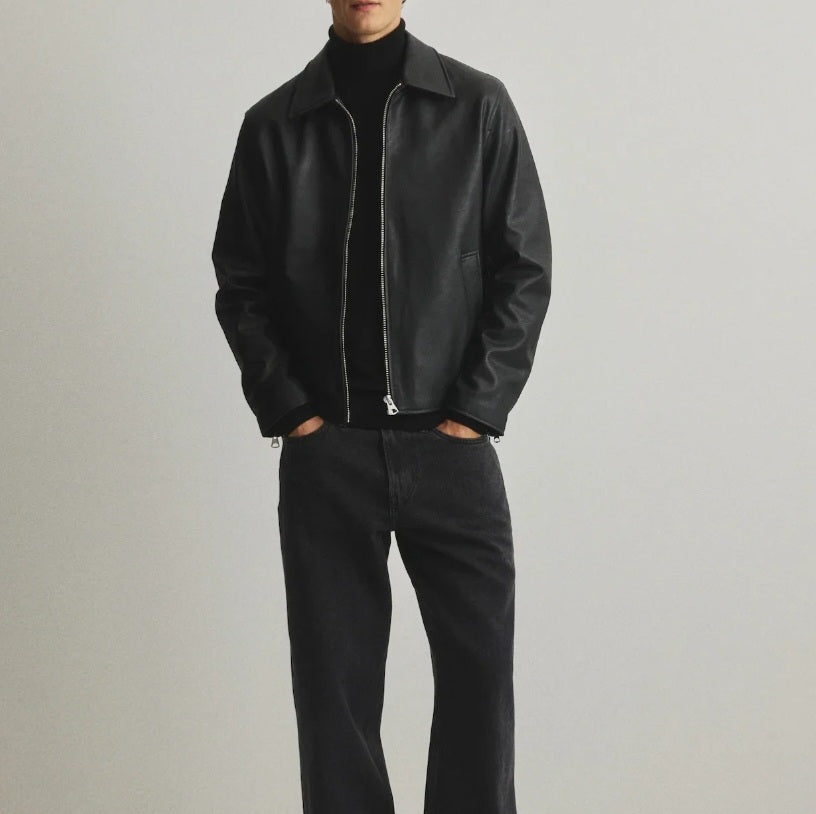 Black Boxy Leather Jacket Vintage Essentials